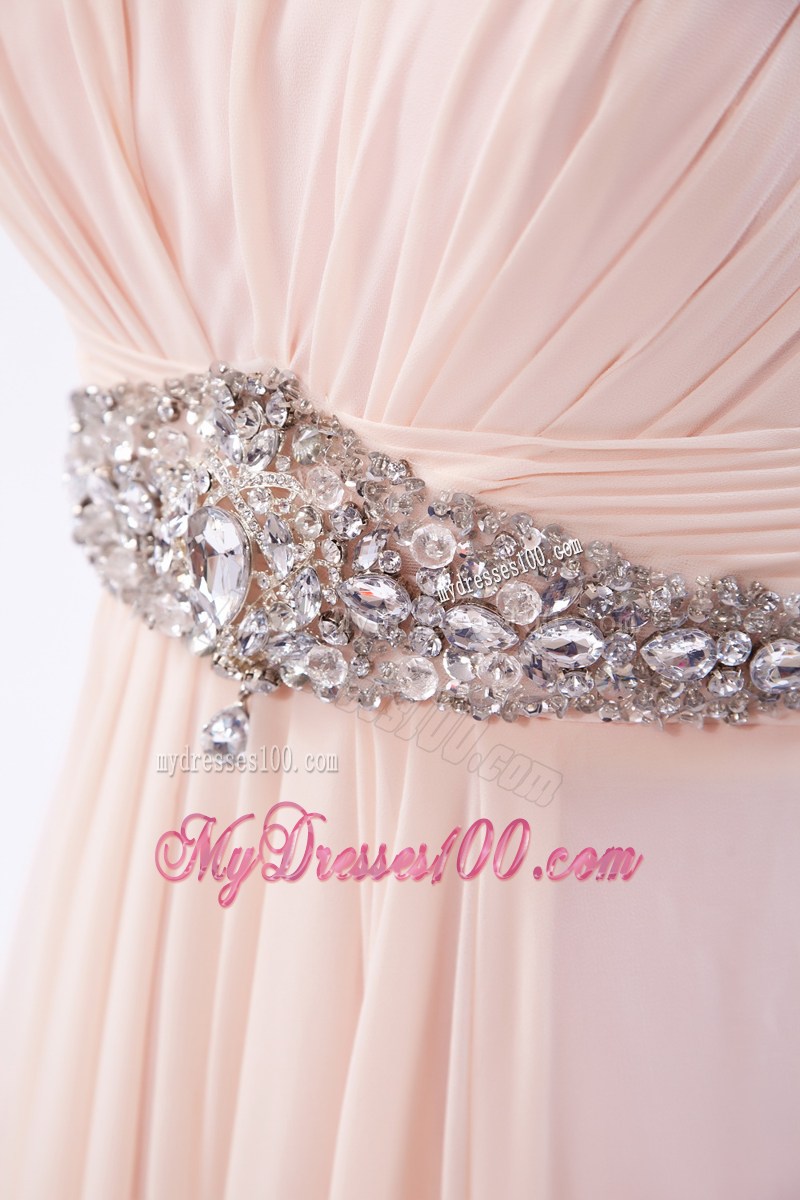 Straps Pink Empire Chiffon Brush Train Prom Evening Dress with Beading