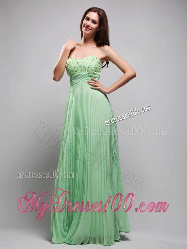 Rhinestones Decorated Floor-length Chiffon Beaded Prom Dress in Apple Green