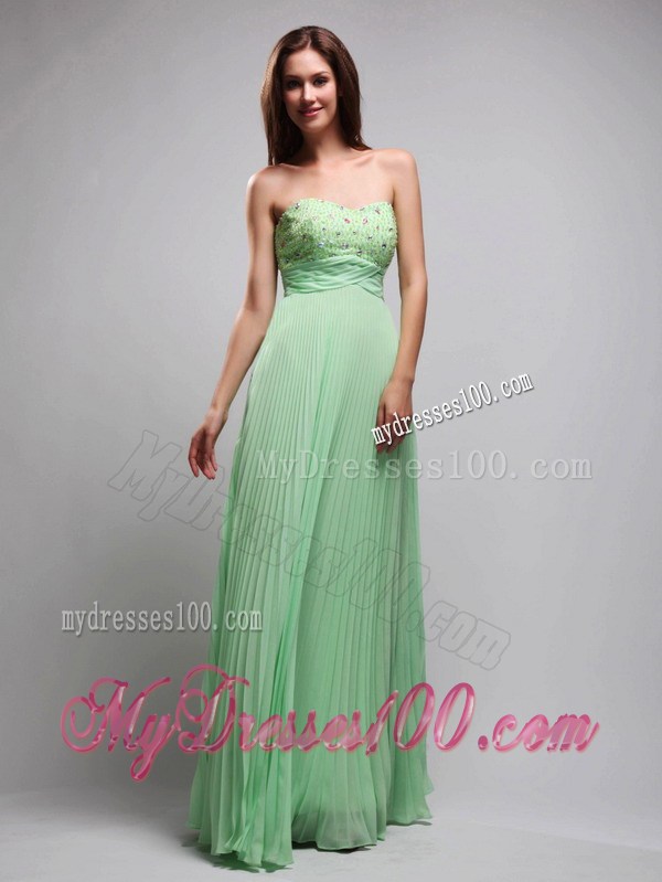Rhinestones Decorated Floor-length Chiffon Beaded Prom Dress in Apple Green