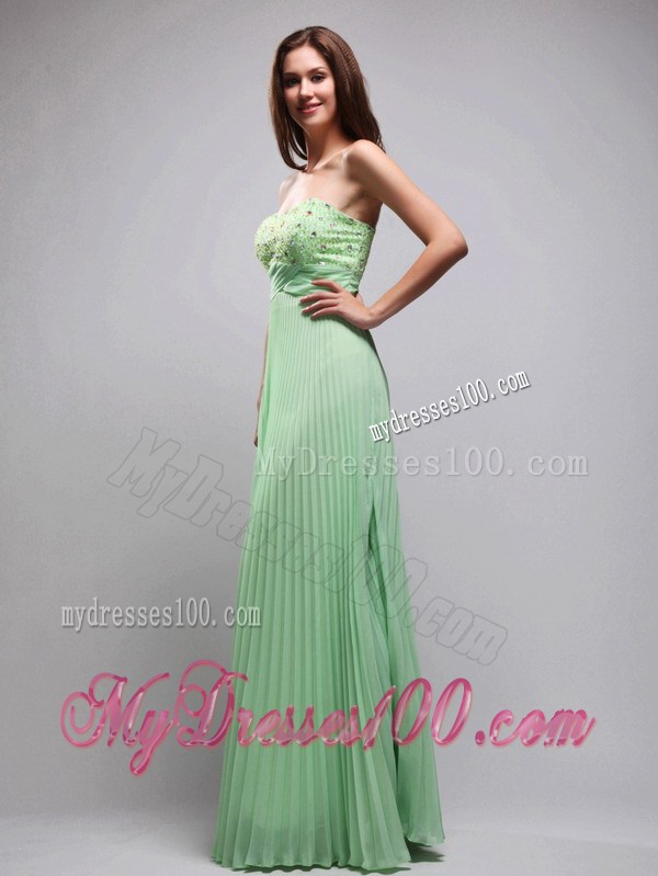 Rhinestones Decorated Floor-length Chiffon Beaded Prom Dress in Apple Green