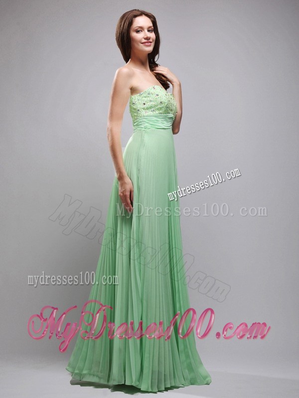 Rhinestones Decorated Floor-length Chiffon Beaded Prom Dress in Apple Green