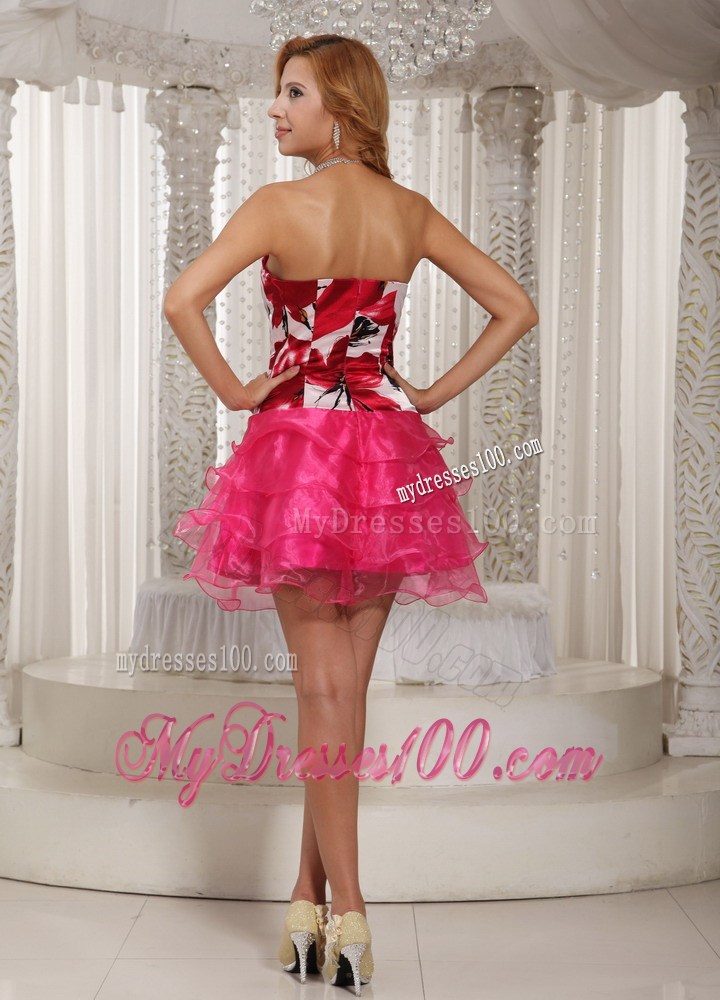 Colorful Mini-length Print Prom Cocktail Dress with Ruched Layers