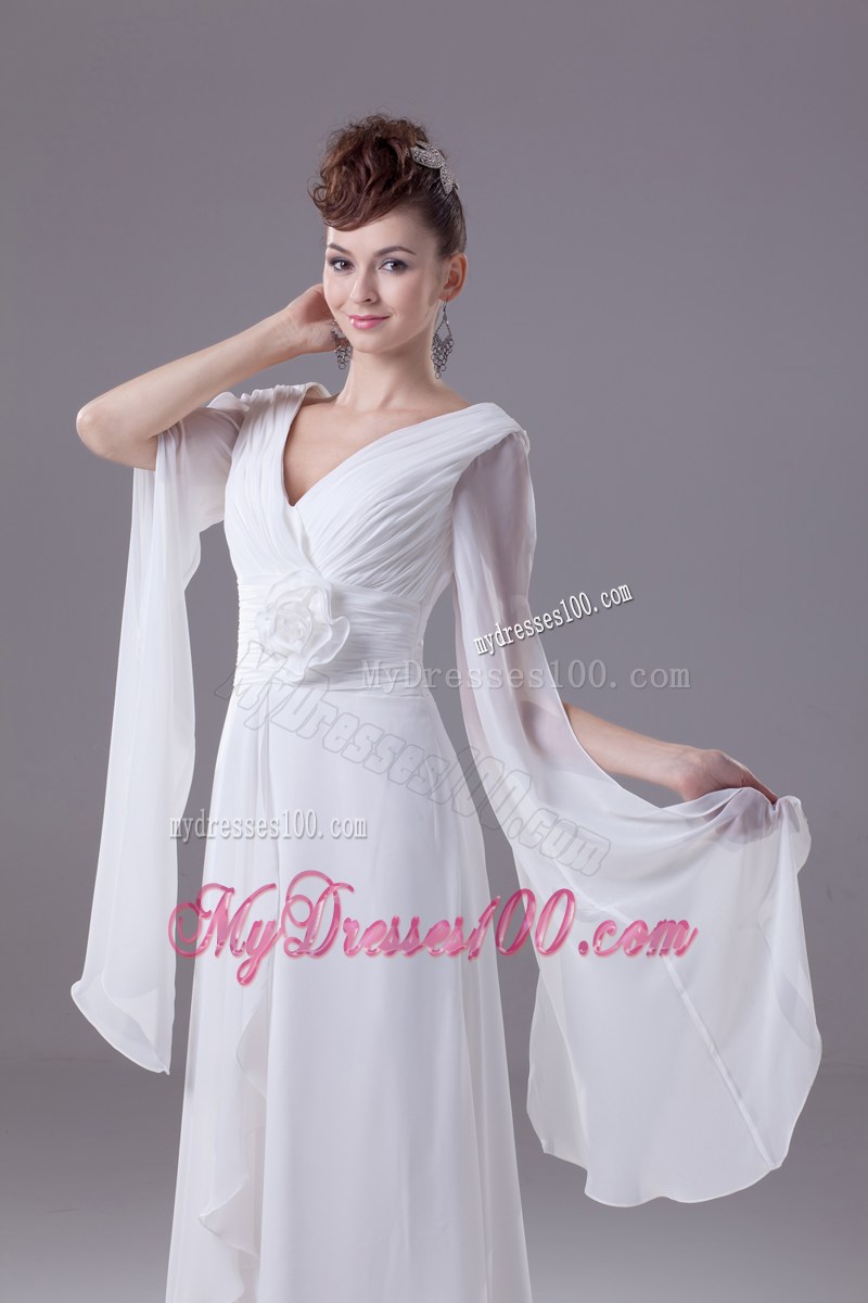 Ruches and Flower Decorate Long White Chiffon Prom Dress with Long Sleeves