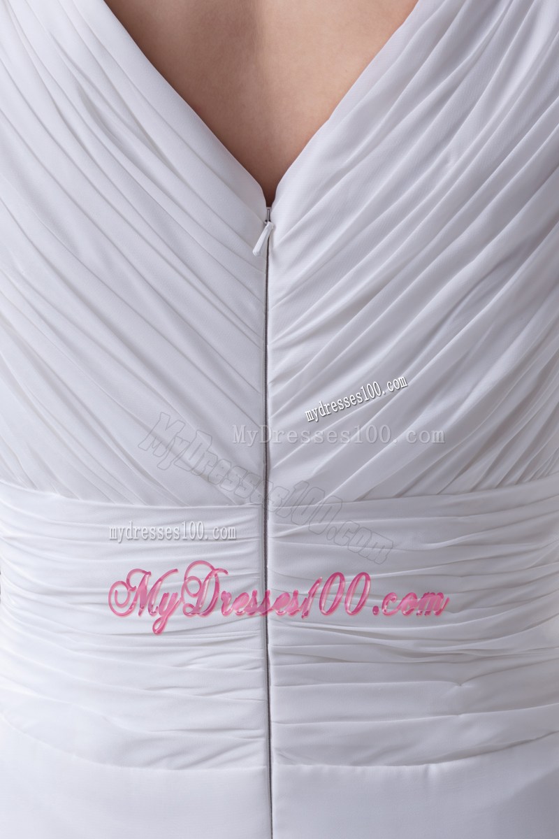 Ruches and Flower Decorate Long White Chiffon Prom Dress with Long Sleeves