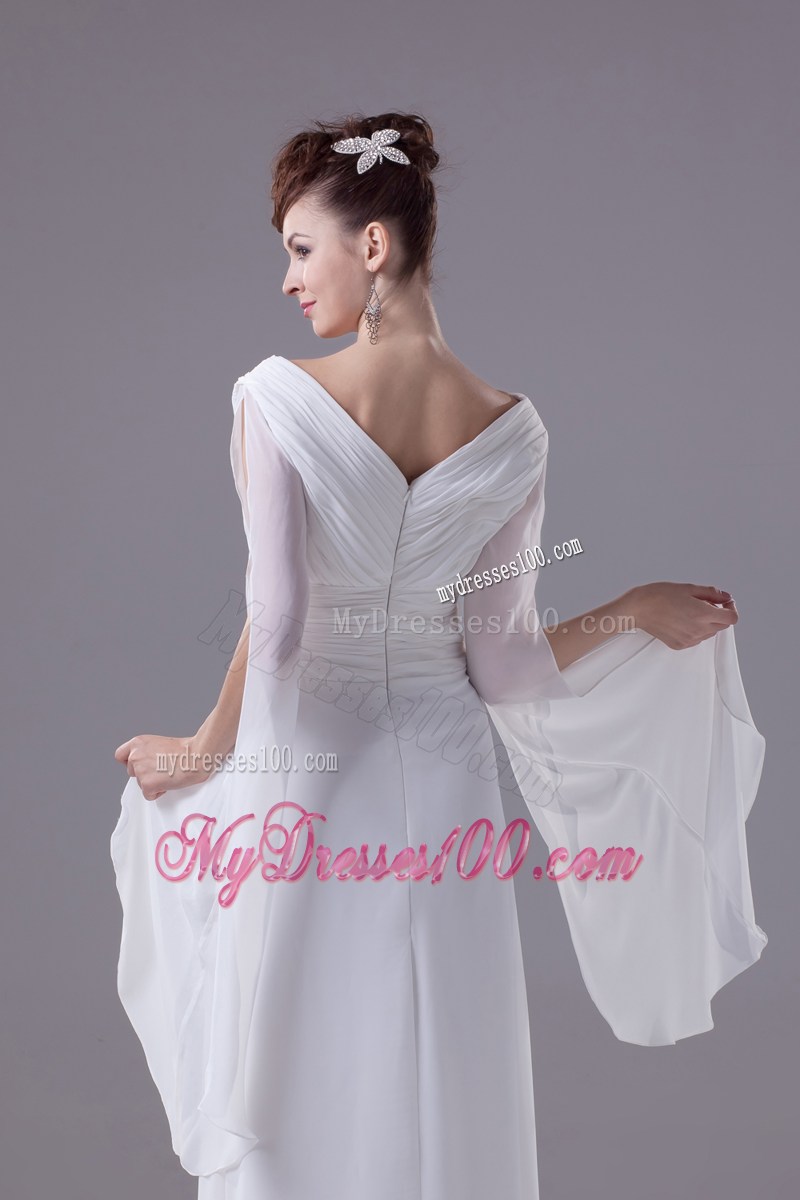 Ruches and Flower Decorate Long White Chiffon Prom Dress with Long Sleeves
