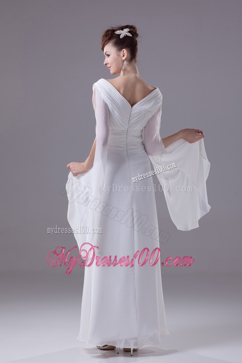 Ruches and Flower Decorate Long White Chiffon Prom Dress with Long Sleeves