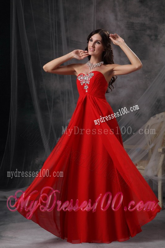Blood Red Sweetheart Floor-length Beaded and Ruched Prom Dress