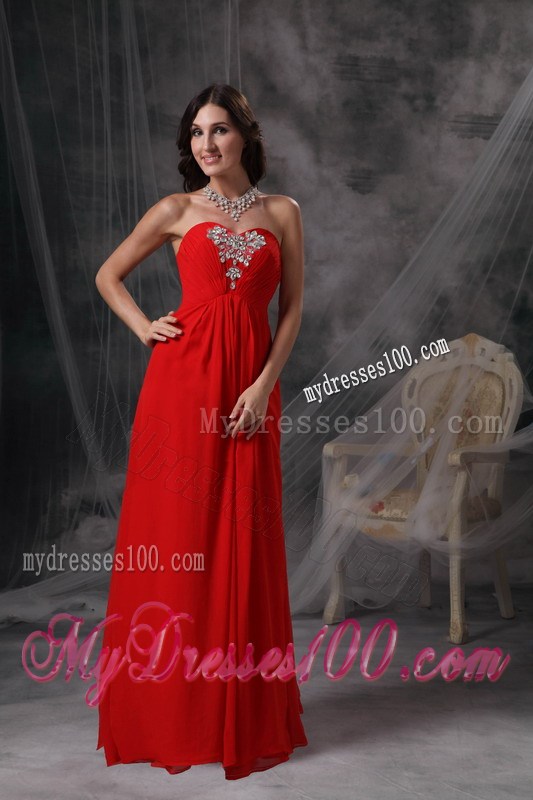 Blood Red Sweetheart Floor-length Beaded and Ruched Prom Dress