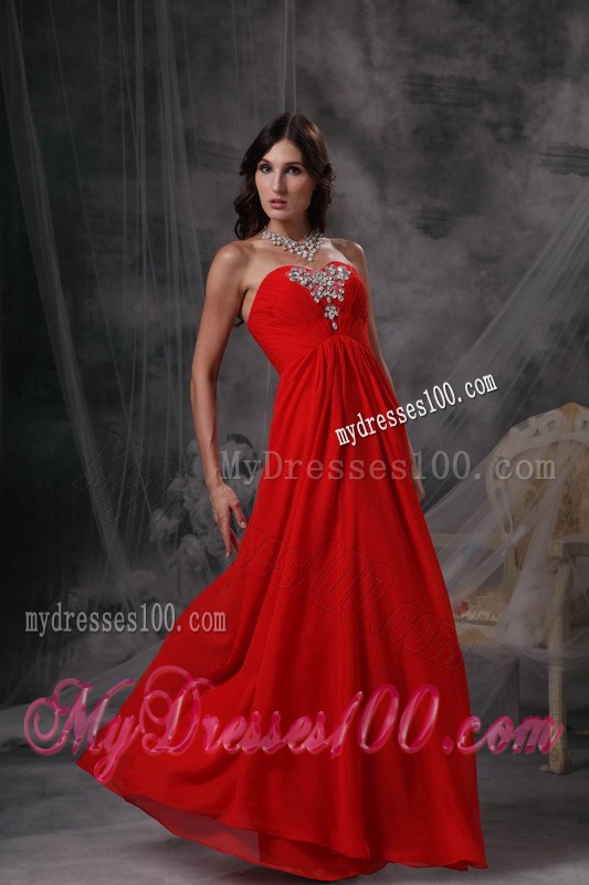 Blood Red Sweetheart Floor-length Beaded and Ruched Prom Dress