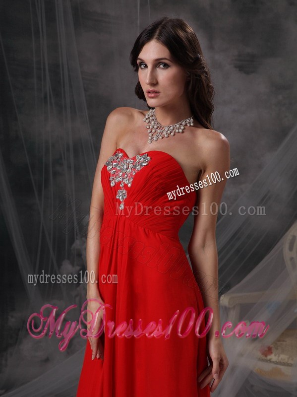 Blood Red Sweetheart Floor-length Beaded and Ruched Prom Dress