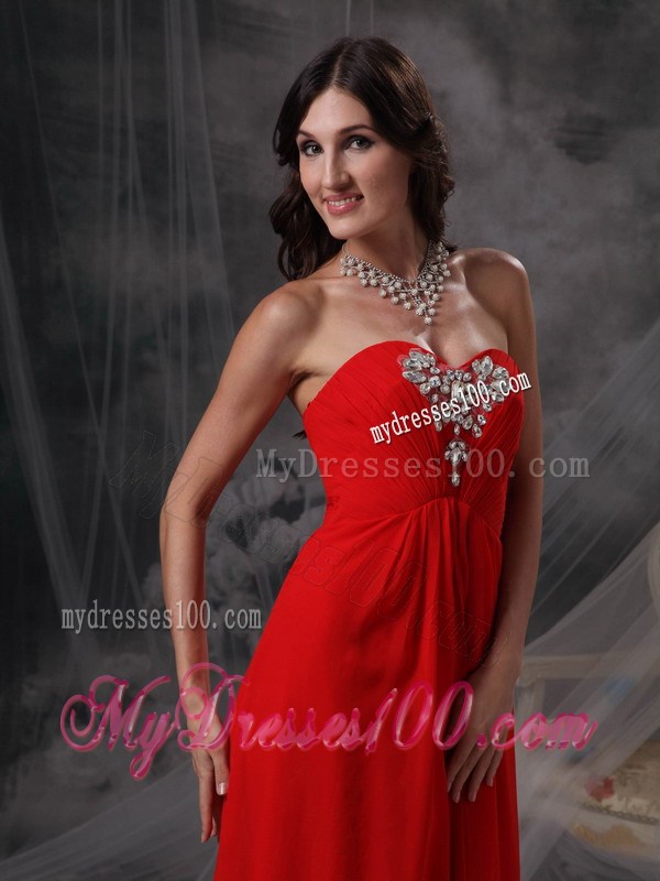 Blood Red Sweetheart Floor-length Beaded and Ruched Prom Dress