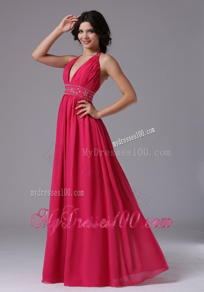 Coral Red Halter V-neck For 2013 Prom Evening Dress with Ruche