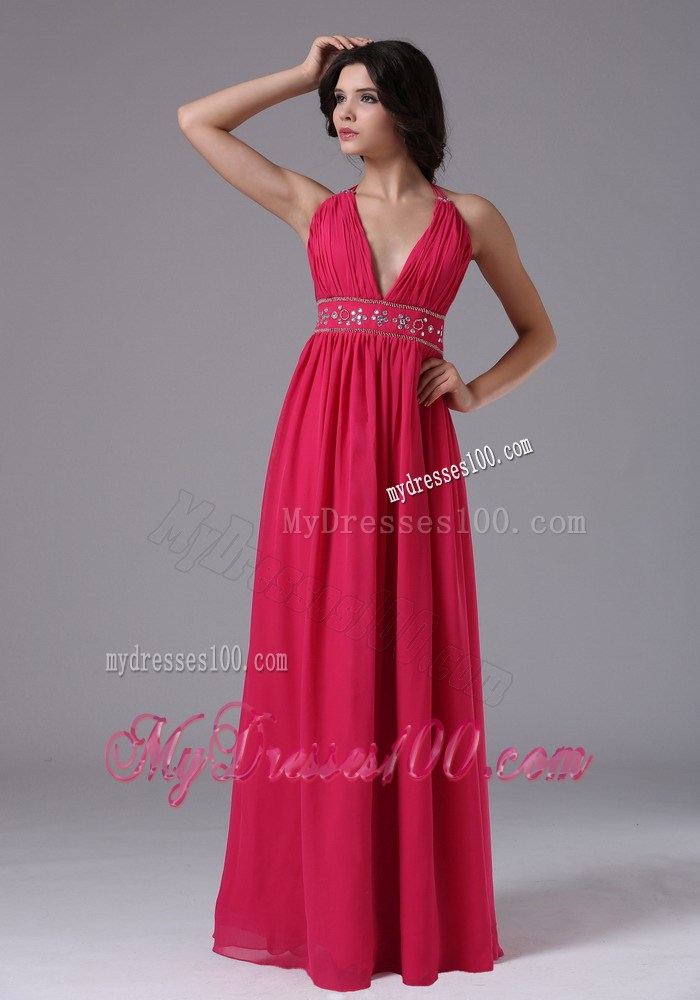 Coral Red Halter V-neck For 2013 Prom Evening Dress with Ruche