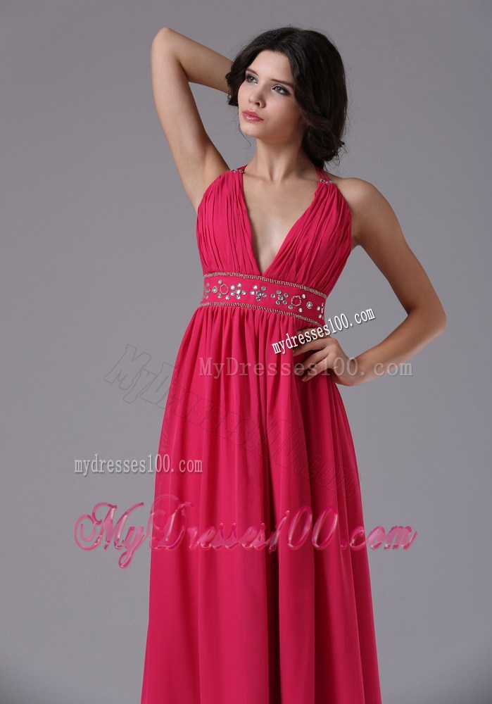 Coral Red Halter V-neck For 2013 Prom Evening Dress with Ruche