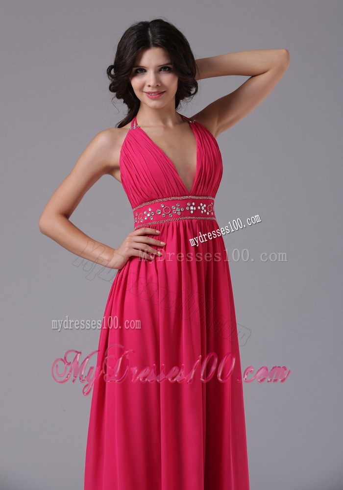 Coral Red Halter V-neck For 2013 Prom Evening Dress with Ruche