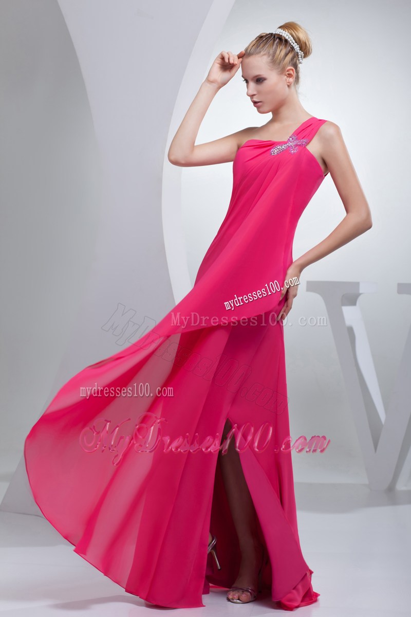Appliqued Single Shoulder Side Slit Prom Dresses in Coral Red