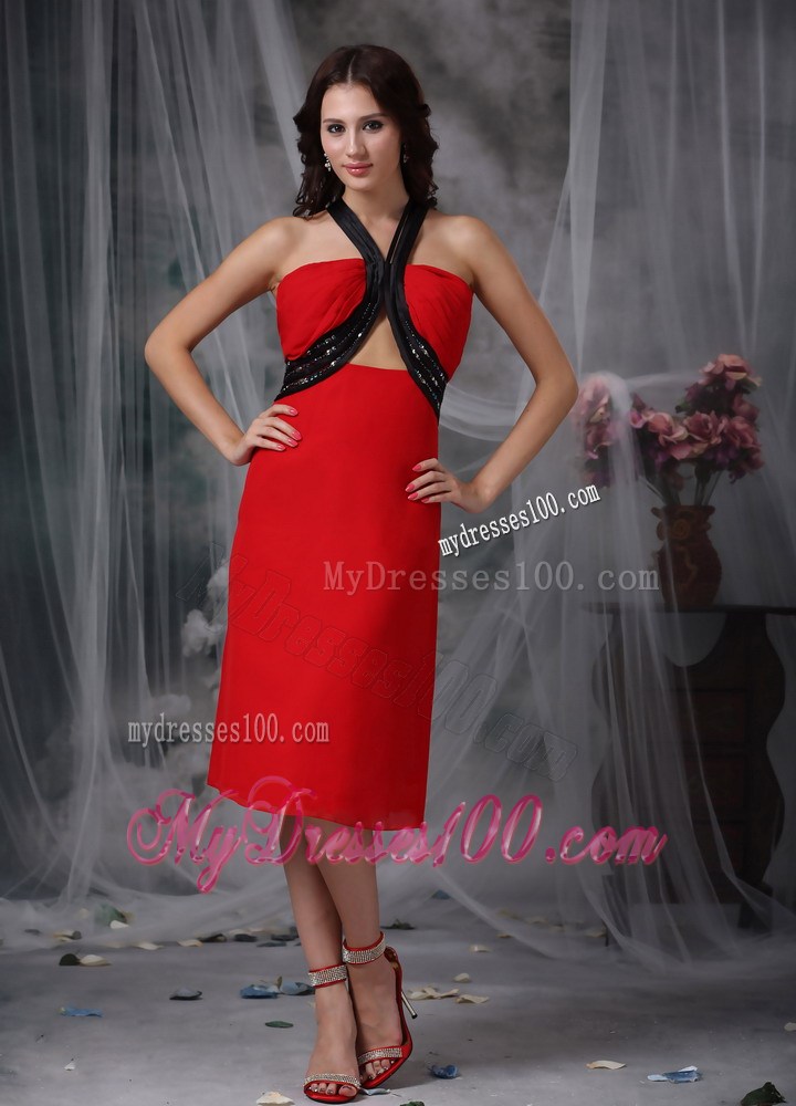 Red and Black V-neck Tea-Length Beaded Prom Dress with back Out
