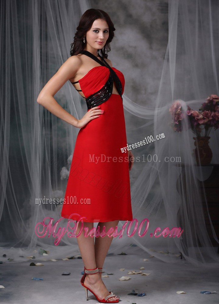 Red and Black V-neck Tea-Length Beaded Prom Dress with back Out