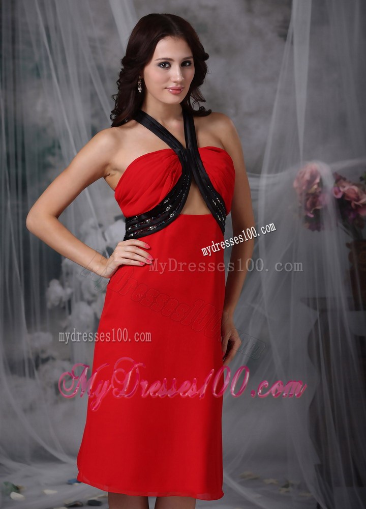 Red and Black V-neck Tea-Length Beaded Prom Dress with back Out
