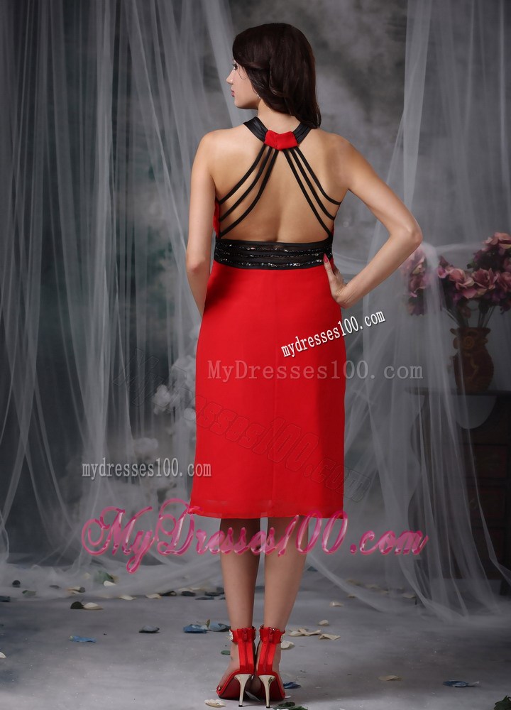 Red and Black V-neck Tea-Length Beaded Prom Dress with back Out