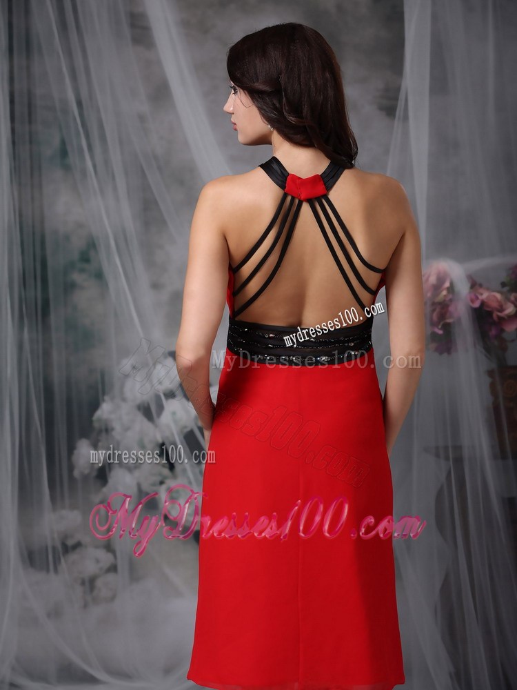 Red and Black V-neck Tea-Length Beaded Prom Dress with back Out