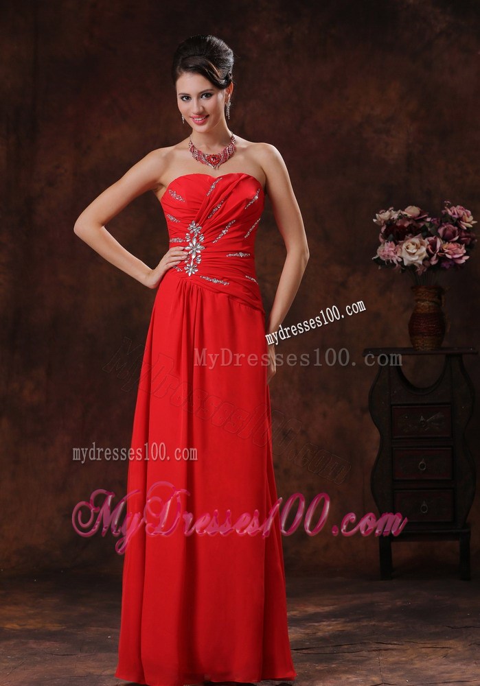 Strapless Red Beading Decorate Chiffon Prom Evening Dress in A-line Style