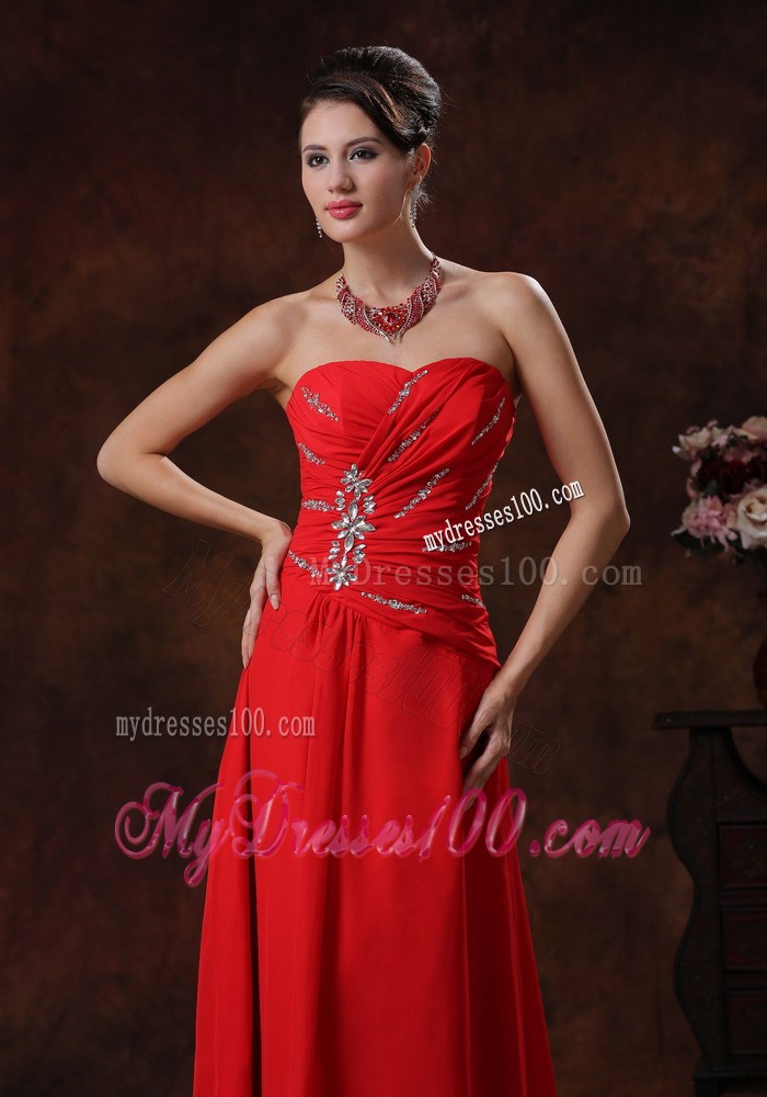 Strapless Red Beading Decorate Chiffon Prom Evening Dress in A-line Style