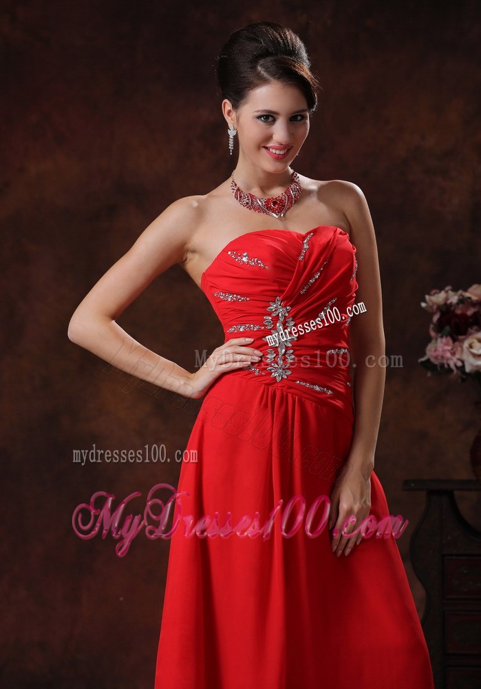 Strapless Red Beading Decorate Chiffon Prom Evening Dress in A-line Style