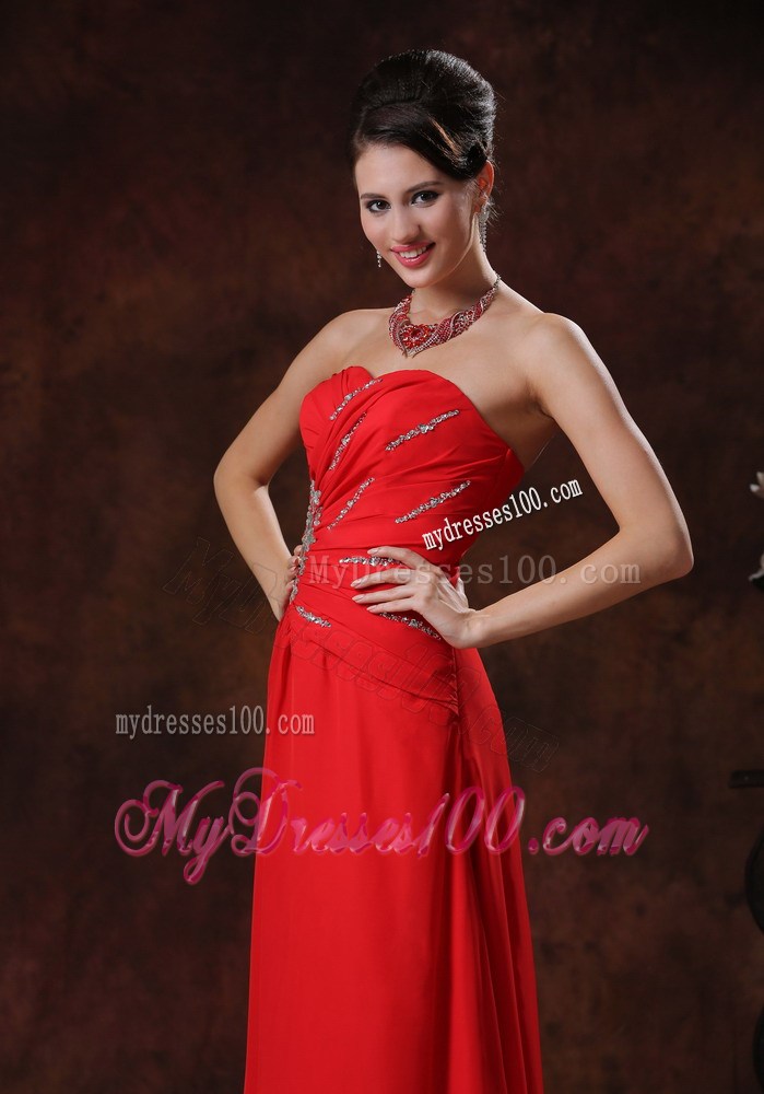 Strapless Red Beading Decorate Chiffon Prom Evening Dress in A-line Style