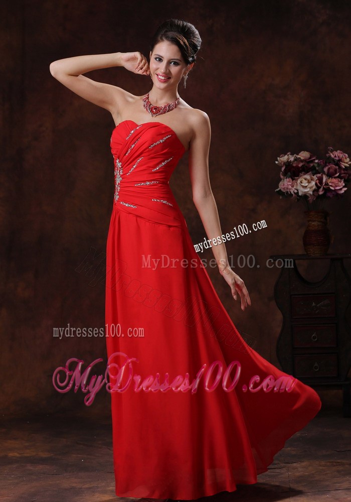 Strapless Red Beading Decorate Chiffon Prom Evening Dress in A-line Style