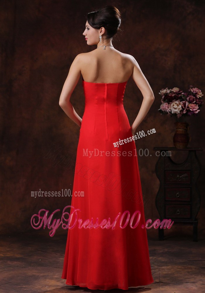 Strapless Red Beading Decorate Chiffon Prom Evening Dress in A-line Style