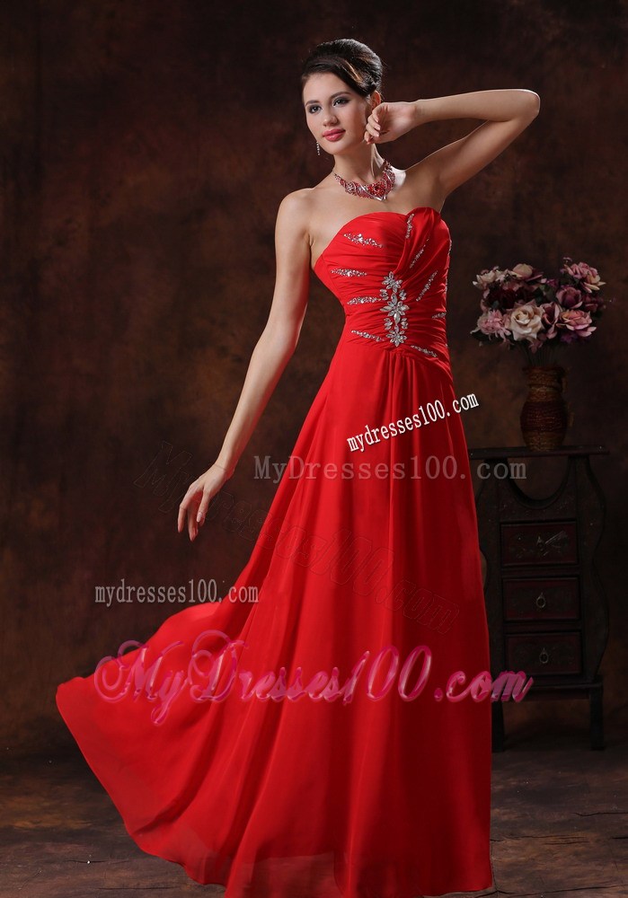 Strapless Red Beading Decorate Chiffon Prom Evening Dress in A-line Style