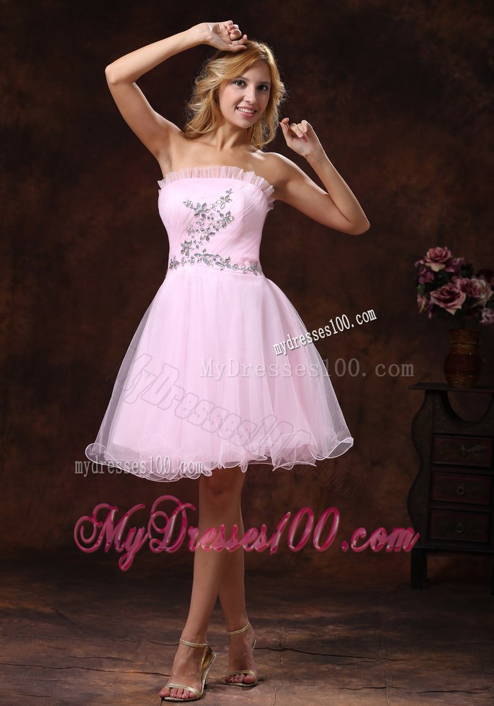 Strapless Baby Pink Mini-length Prom Nightclub Dress with Rhinestones