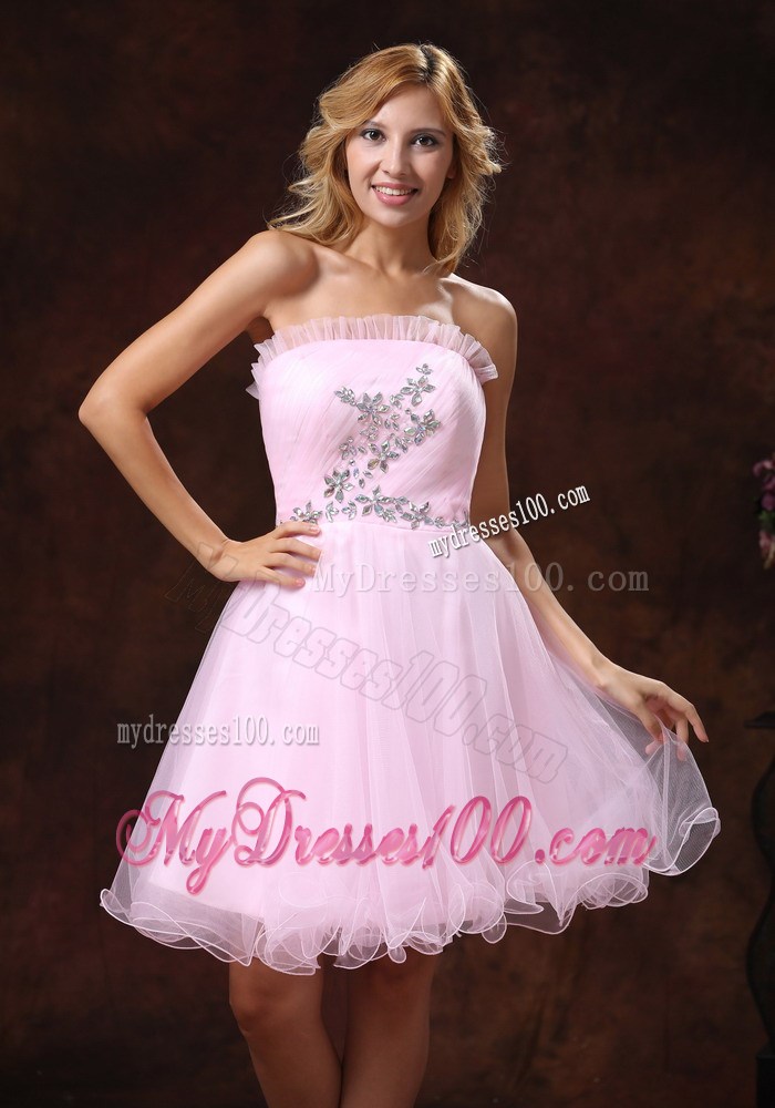 Strapless Baby Pink Mini-length Prom Nightclub Dress with Rhinestones