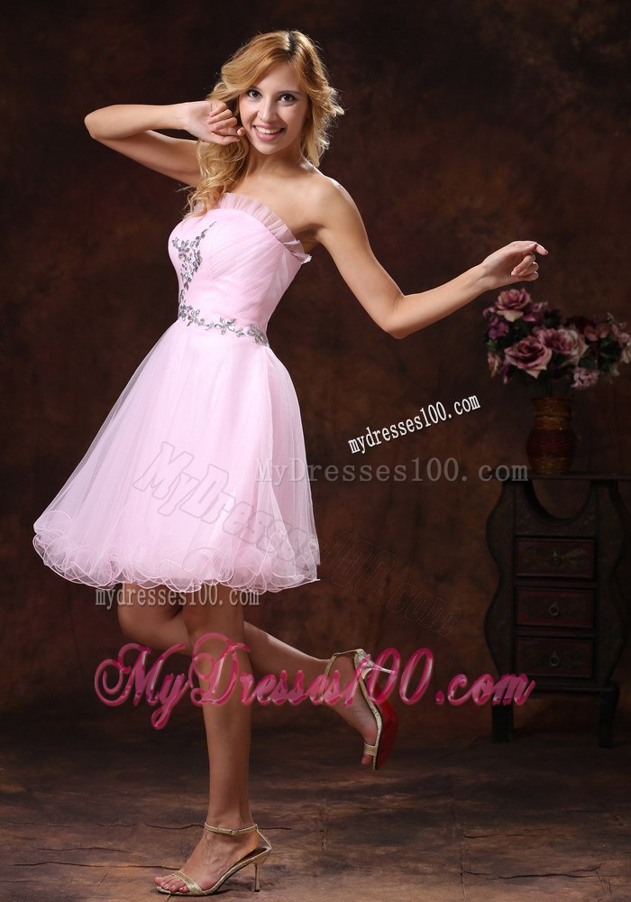 Strapless Baby Pink Mini-length Prom Nightclub Dress with Rhinestones