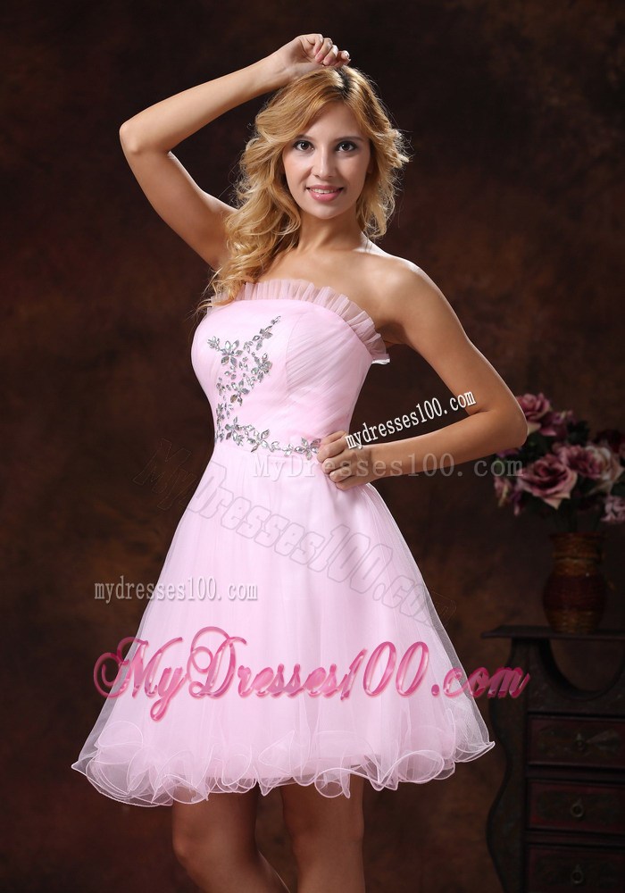Strapless Baby Pink Mini-length Prom Nightclub Dress with Rhinestones