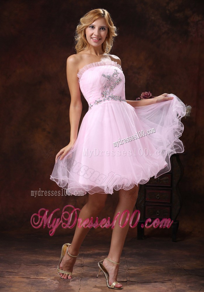 Strapless Baby Pink Mini-length Prom Nightclub Dress with Rhinestones