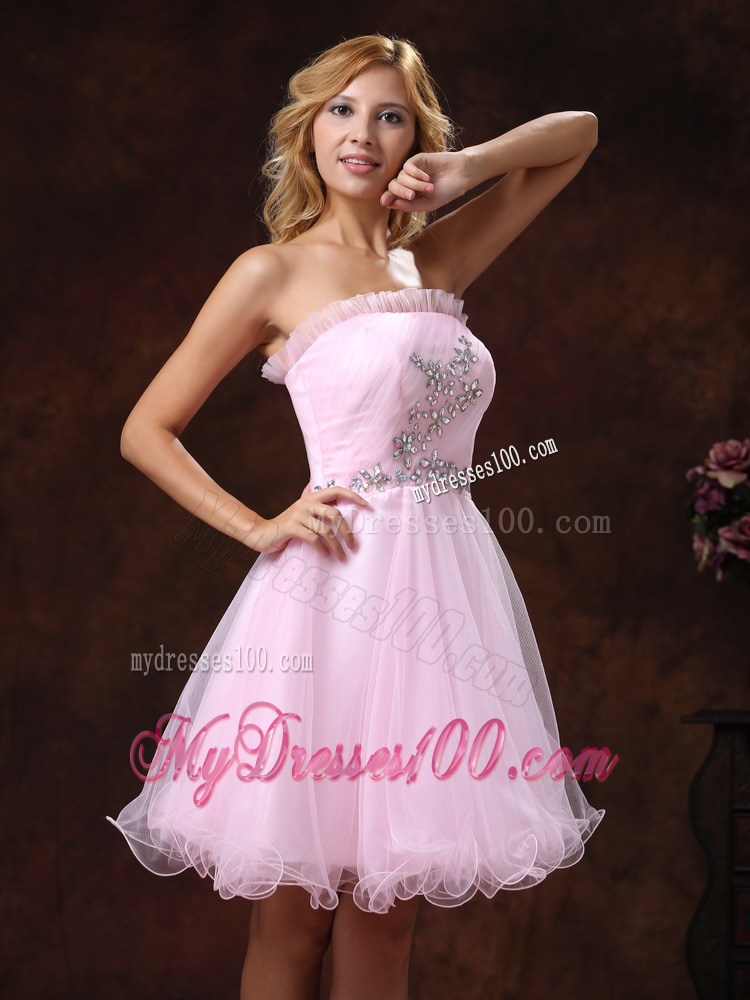 Strapless Baby Pink Mini-length Prom Nightclub Dress with Rhinestones