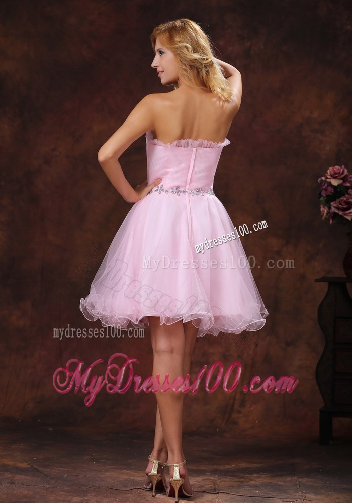 Strapless Baby Pink Mini-length Prom Nightclub Dress with Rhinestones