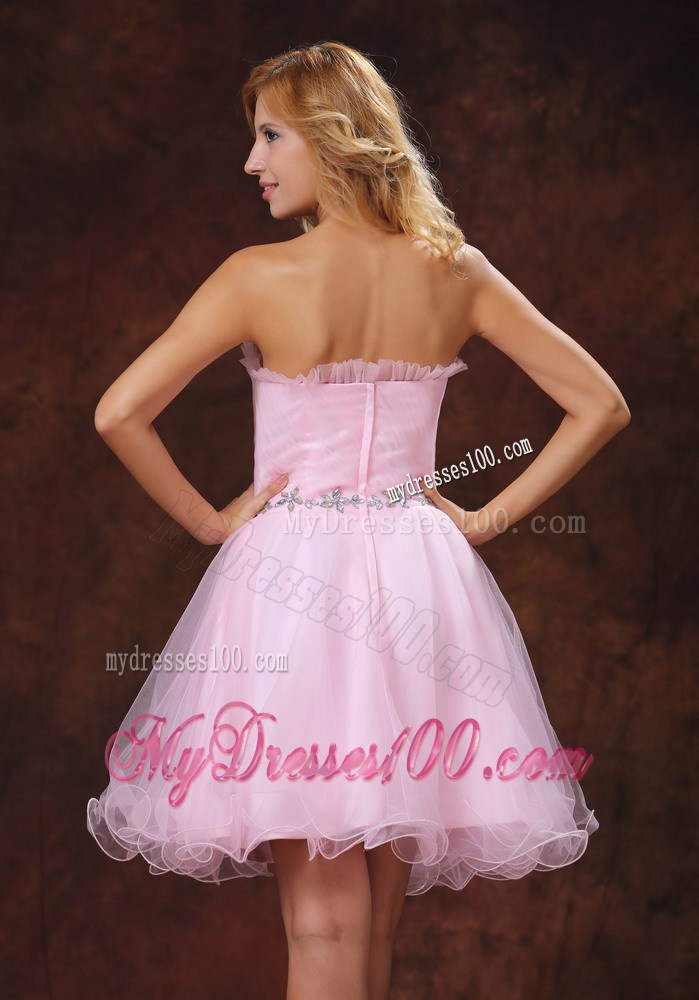 Strapless Baby Pink Mini-length Prom Nightclub Dress with Rhinestones