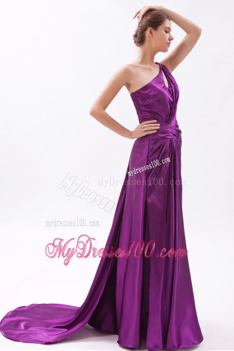 Purple Asymmetrical Brush Train Prom Gown with Ruche and Cool Back