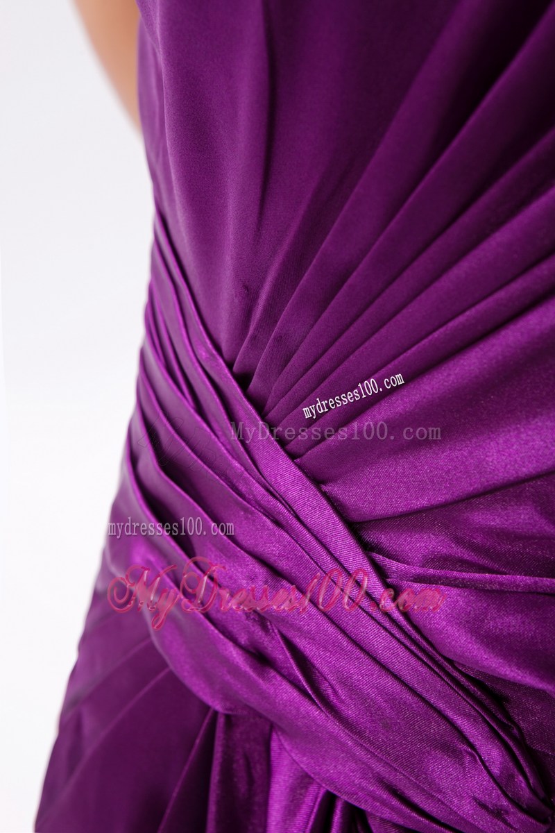 Purple Asymmetrical Brush Train Prom Gown with Ruche and Cool Back
