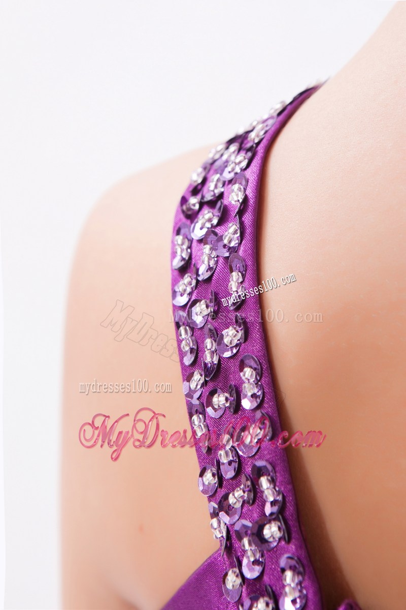 Purple Asymmetrical Brush Train Prom Gown with Ruche and Cool Back