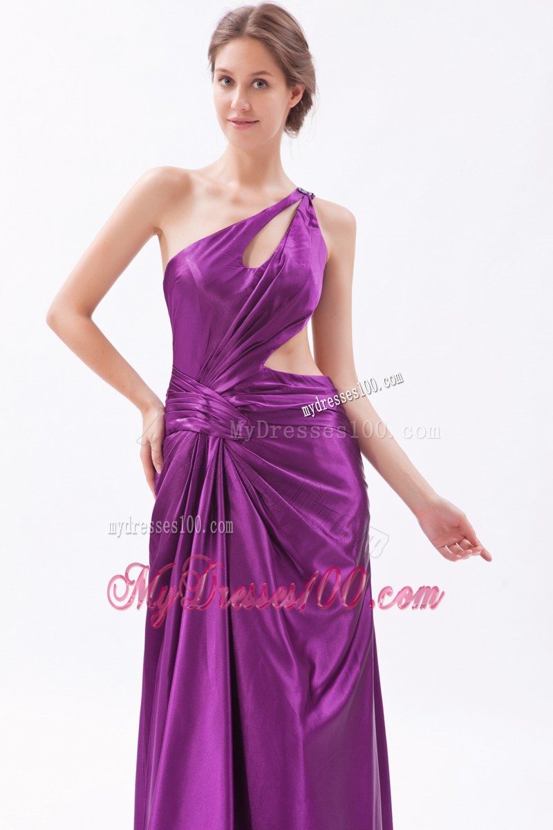 Purple Asymmetrical Brush Train Prom Gown with Ruche and Cool Back