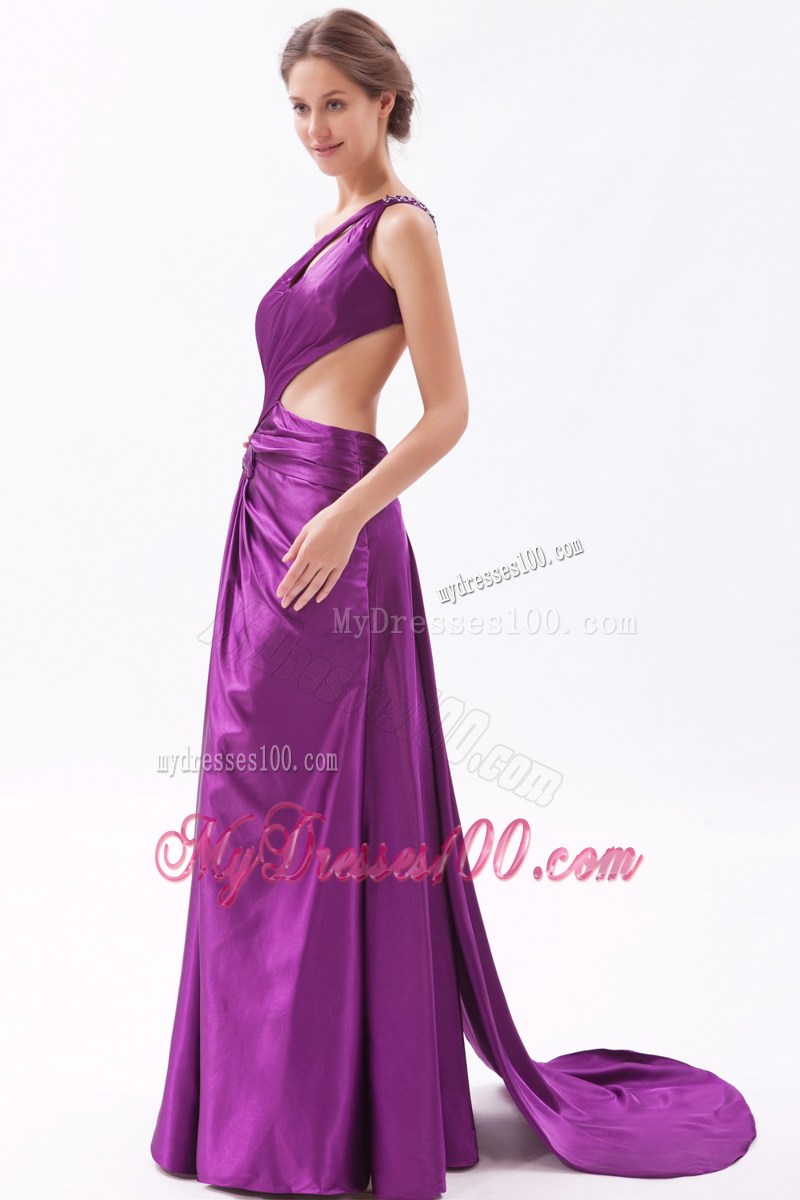 Purple Asymmetrical Brush Train Prom Gown with Ruche and Cool Back