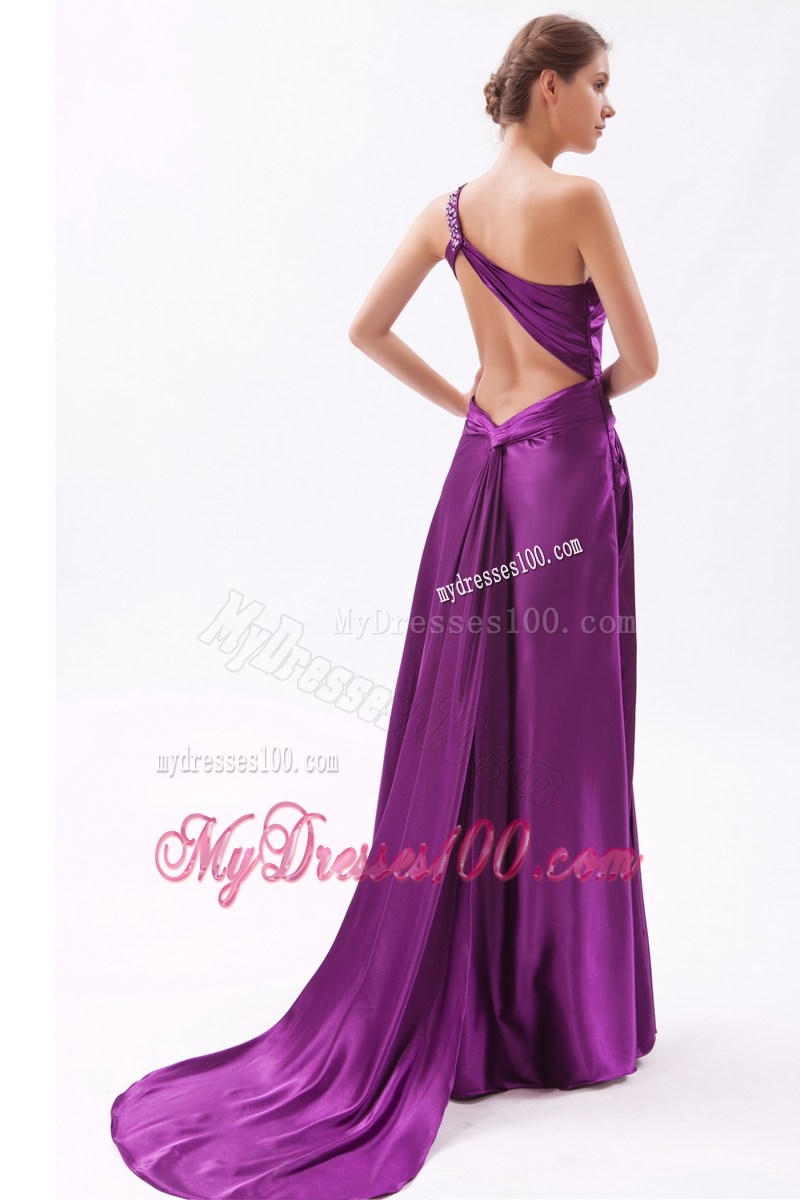 Purple Asymmetrical Brush Train Prom Gown with Ruche and Cool Back
