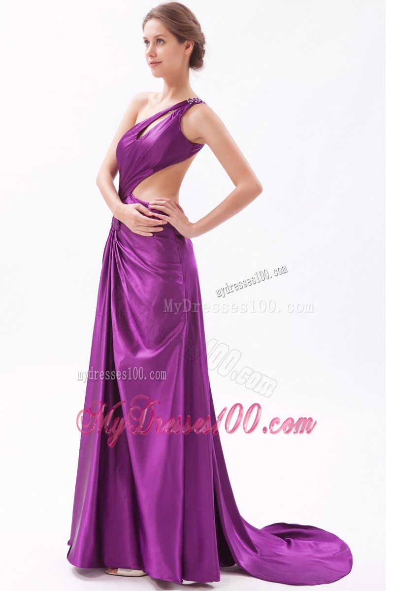 Purple Asymmetrical Brush Train Prom Gown with Ruche and Cool Back