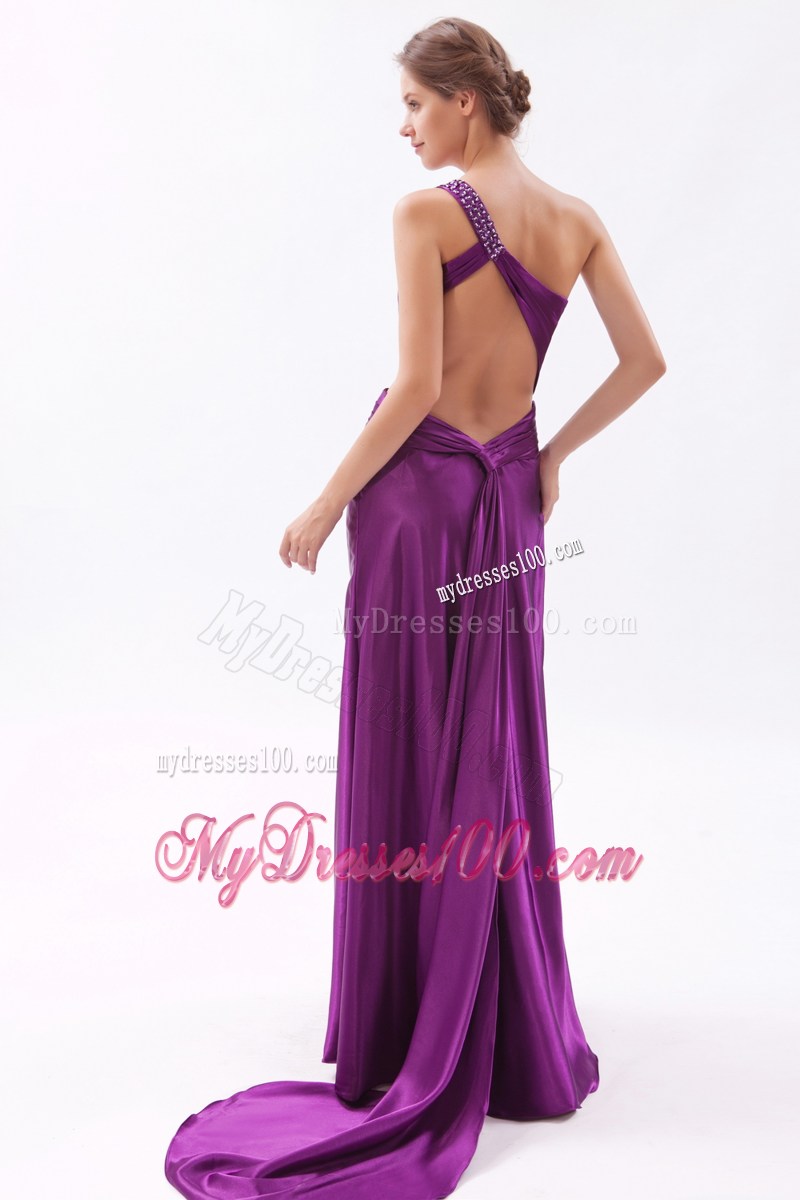 Purple Asymmetrical Brush Train Prom Gown with Ruche and Cool Back