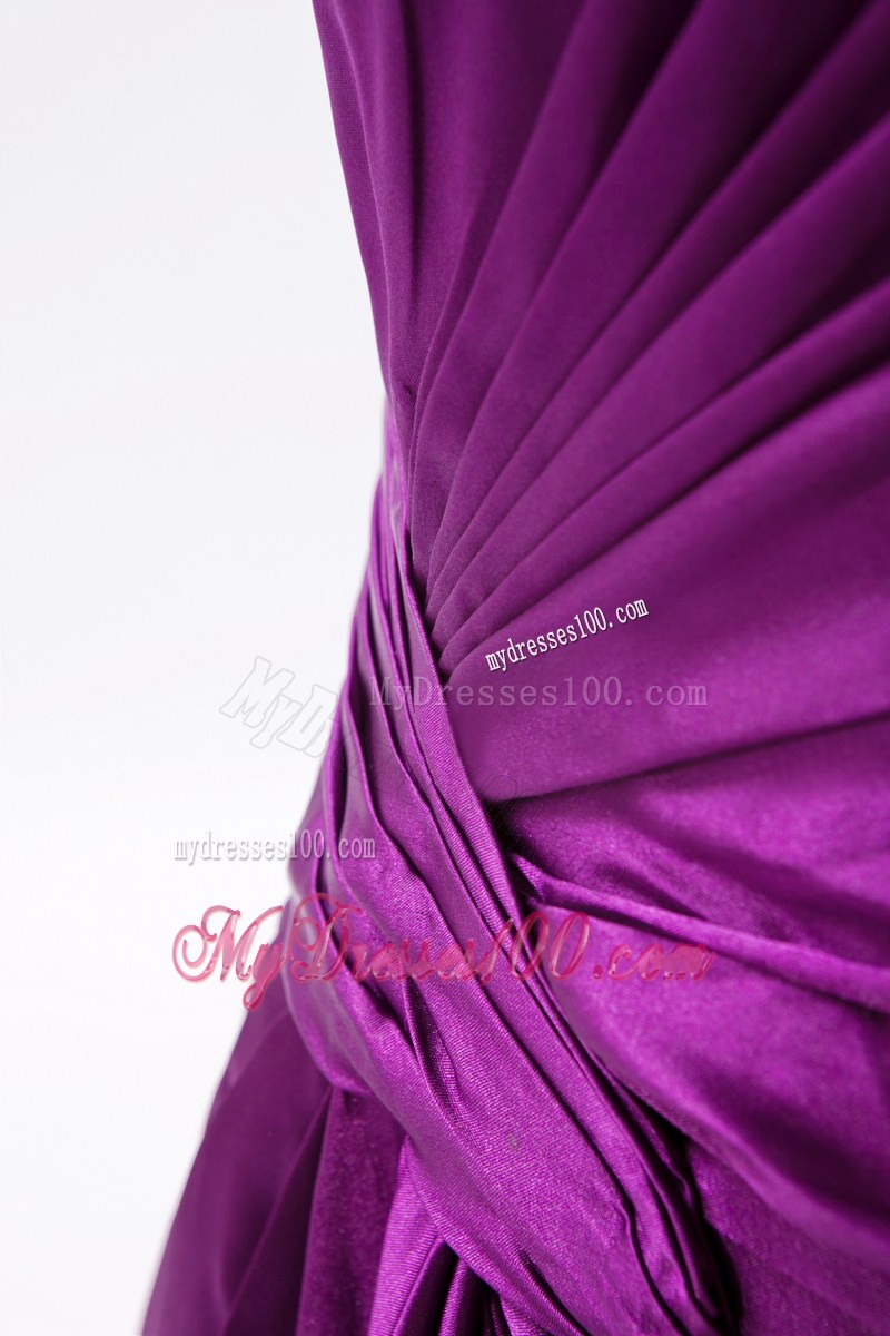 Purple Asymmetrical Brush Train Prom Gown with Ruche and Cool Back
