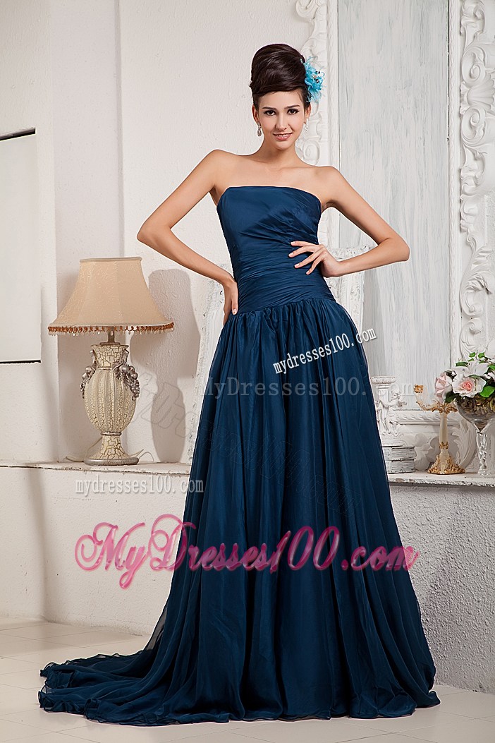 Strapless Peacock Blue Prom Dresses with Pleats and Court Train